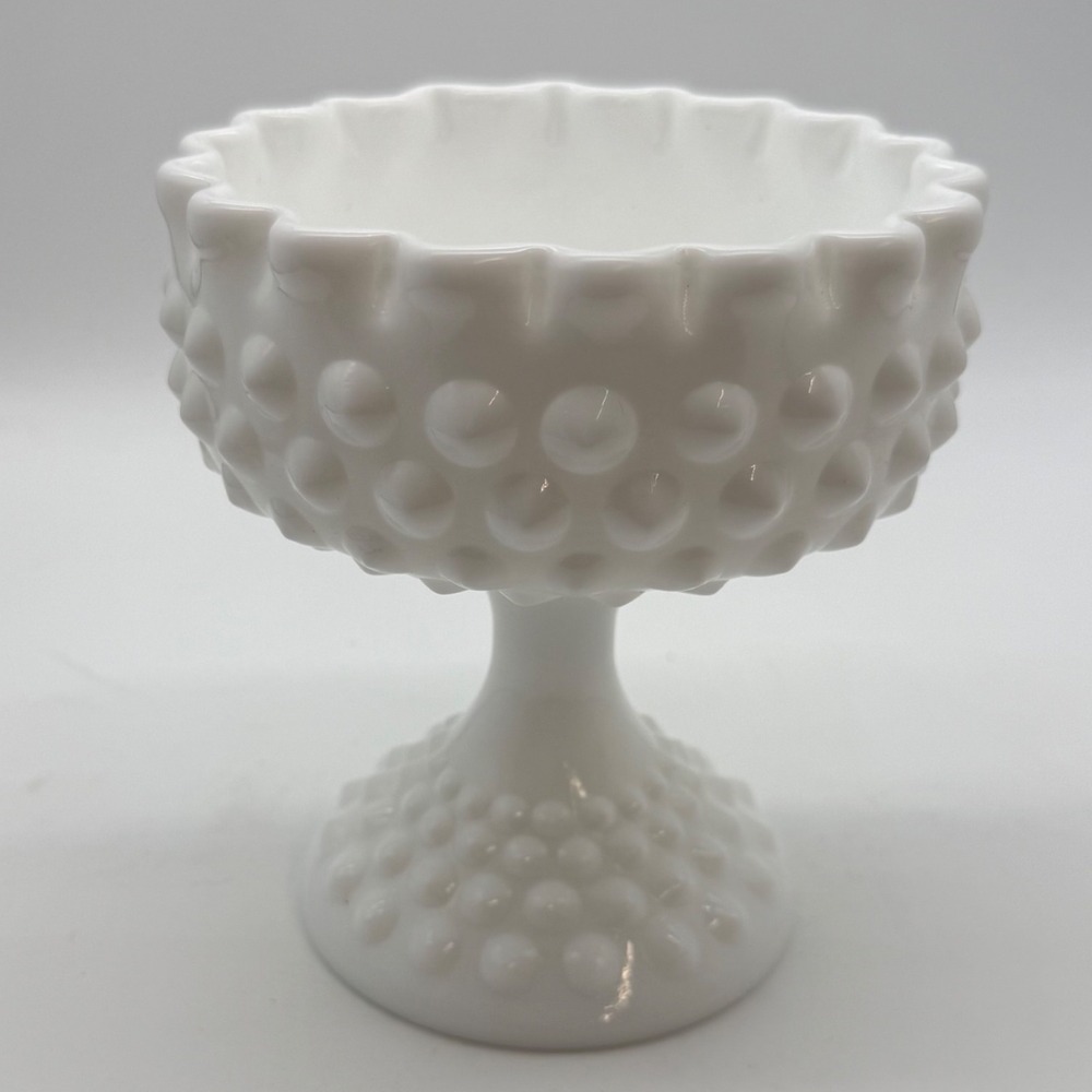 Fenton White Milk Glass Hobnail Scalloped Edge Footed Candy Dish Compote Bowl
